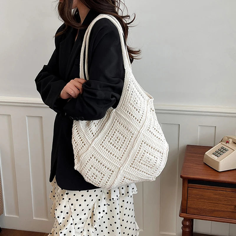 Women's Summer Hand-Woven Yarn Hollow-Out Shoulder Tote Bag