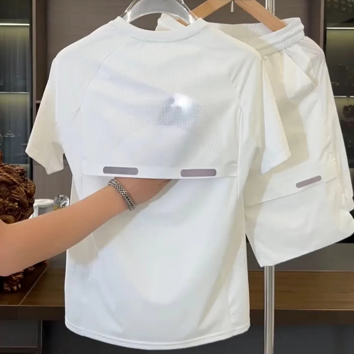 Summer Breathable Splicing Shirt Shorts Two-piece Set Men's High Elastic Loose Quick-drying Sports and Leisure Suit