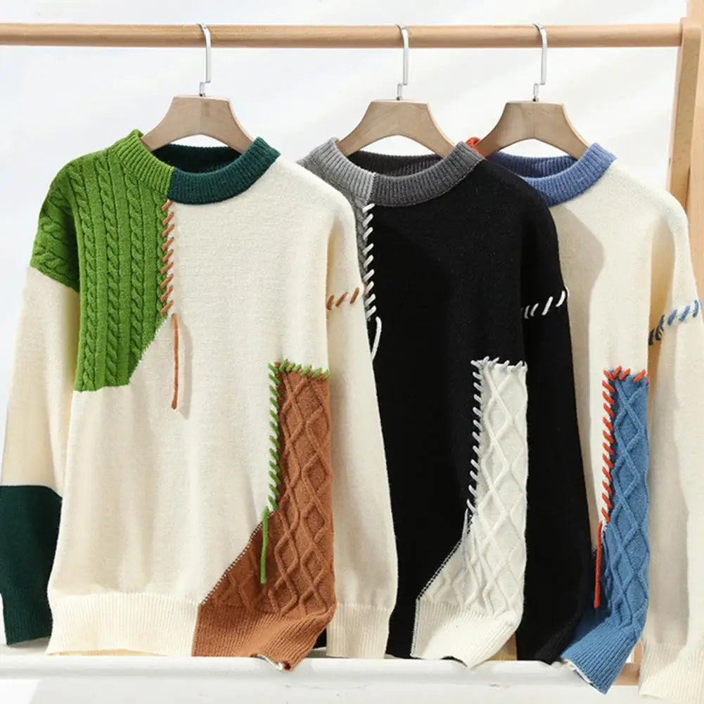 Men Long Sleeve Sweater Men's Winter Colorblock Patchwork Sweater with Irregular Design Round Neck Knit Loose Fit Thick Sport