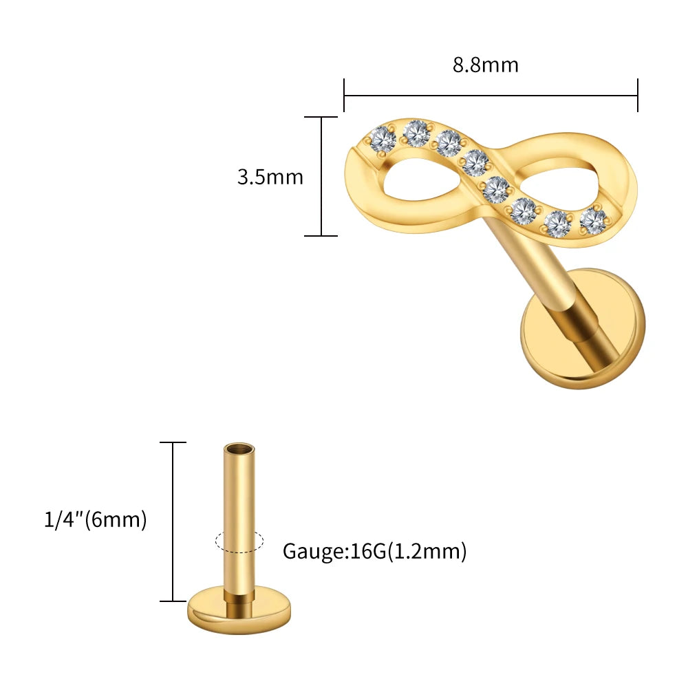 Right Grand ASTM F136 Titanium CZ Infinity Symbol Stud Earring 16G Cartilage Helix Tragus Stud Flat Back Labret Piercing Jewelry