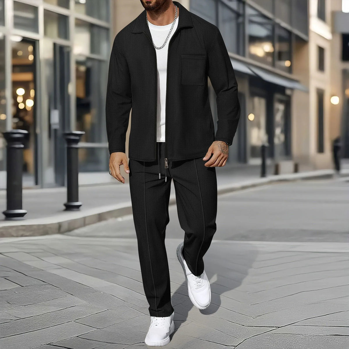 Men's Waffle-Knit Zip Front Lapel Cardigan & Pants Set