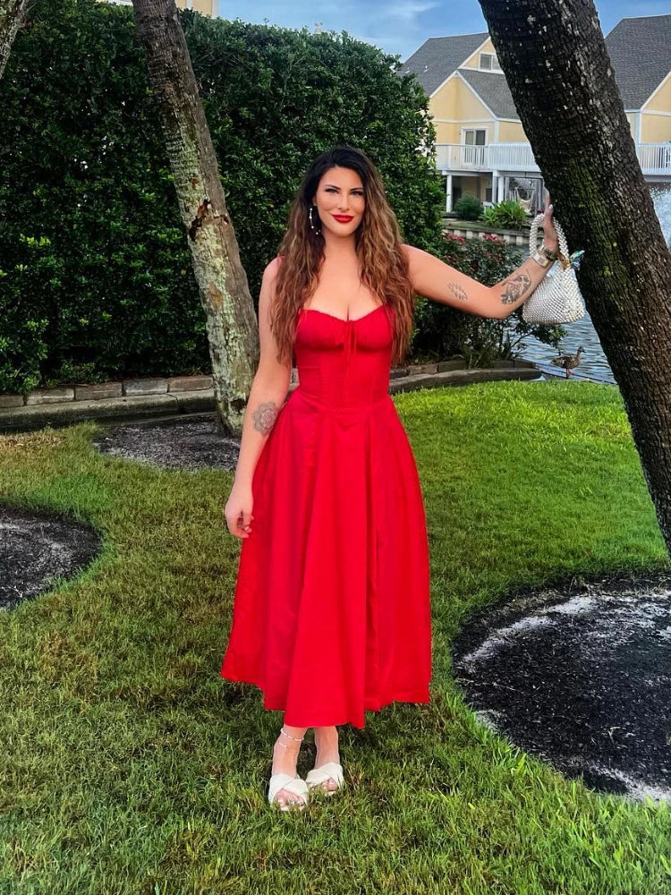 Women's Elegant Lace-Up Corset Midi Dress with Thigh Split