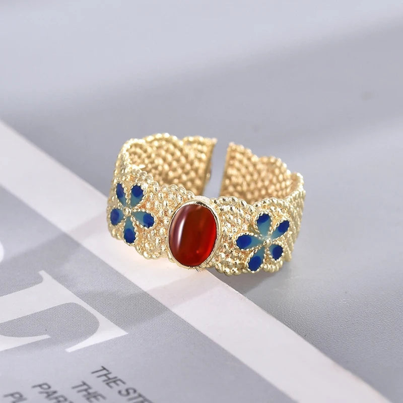 Huitan Luxury Gold Color Blue Flowers Opening Rings with Red Stone for Women Wedding Party Temperament Lady Accessories Jewelry