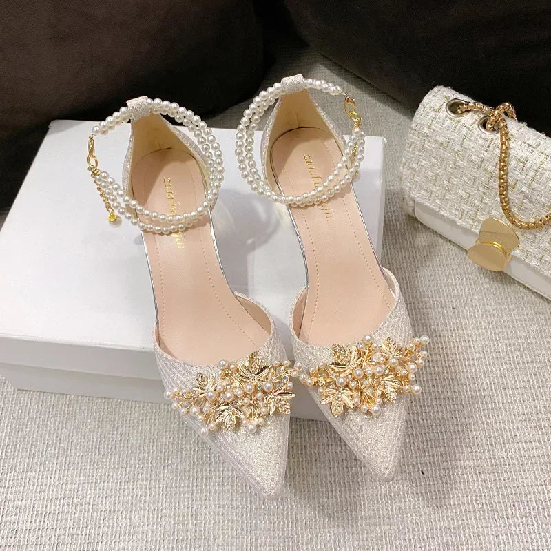 Women's Pointed Toe Metal Beaded High Heel Wedding & Banquet Pumps