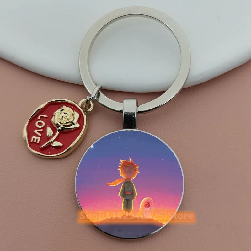 Little Prince Round Glass & Enamel Rose Keychain | DIY Handcrafted Car Keyring & Bag Charm