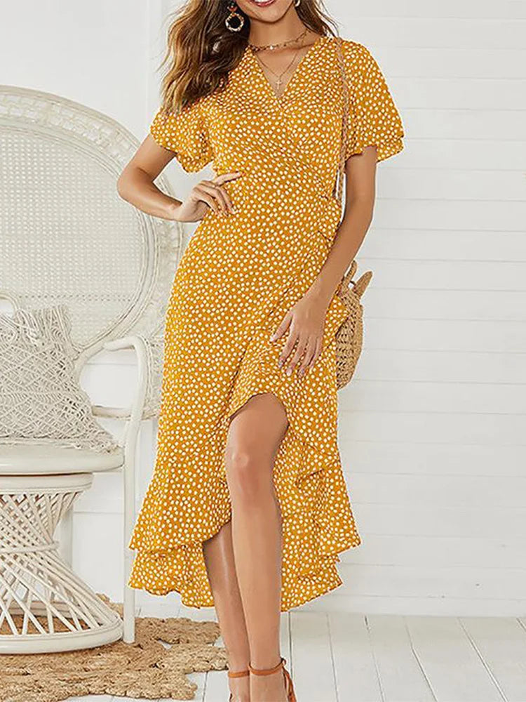 Women's Boho Floral Print Chiffon Wrap Maxi Dress with Ruffles