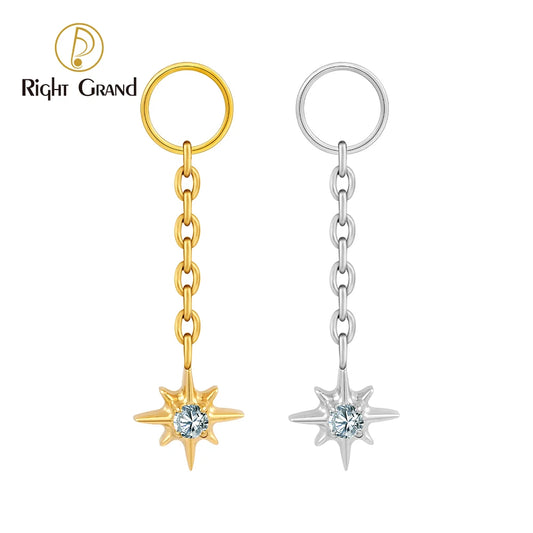 Right Grand ASTM F136 Titanium Dangle Star Charm Earring Drop Chain Celestial Cartilage Helix Lobe Conch Clicker Connector