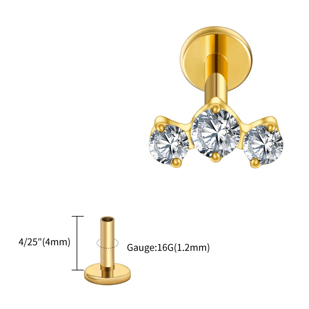 ASTM F136 Titanium 16G Triple CZ Cluster Flat Back Labret Piercing