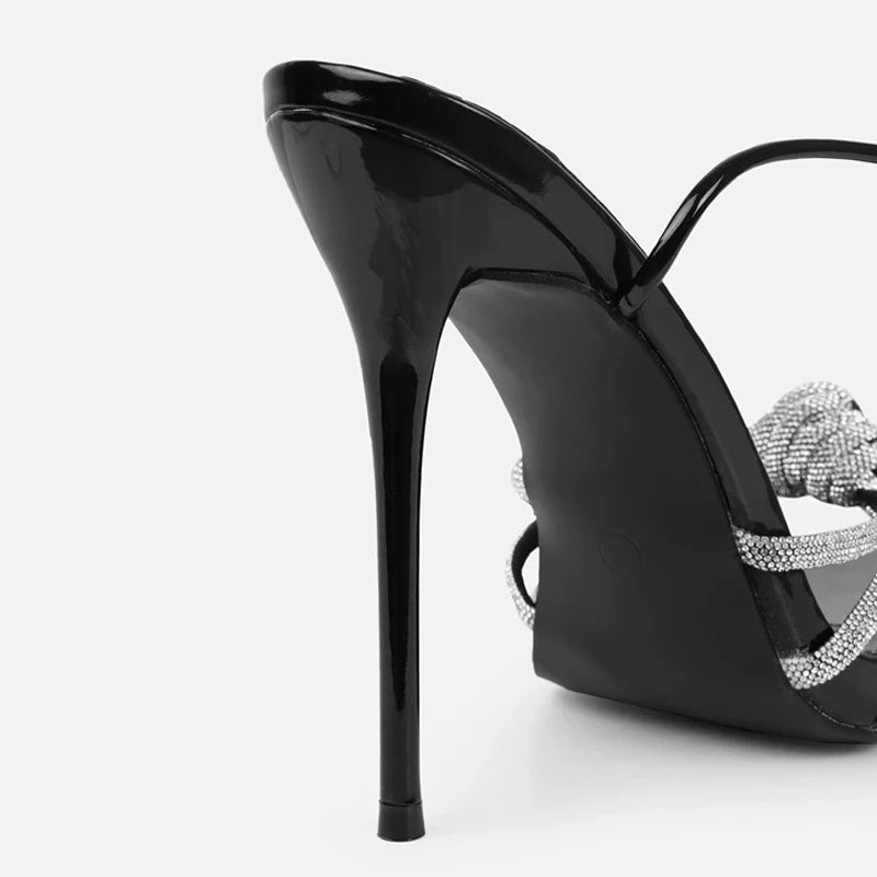 Liyke Silver Crystal Narrow-Band Platform High Heel Sandals for Wedding & Prom