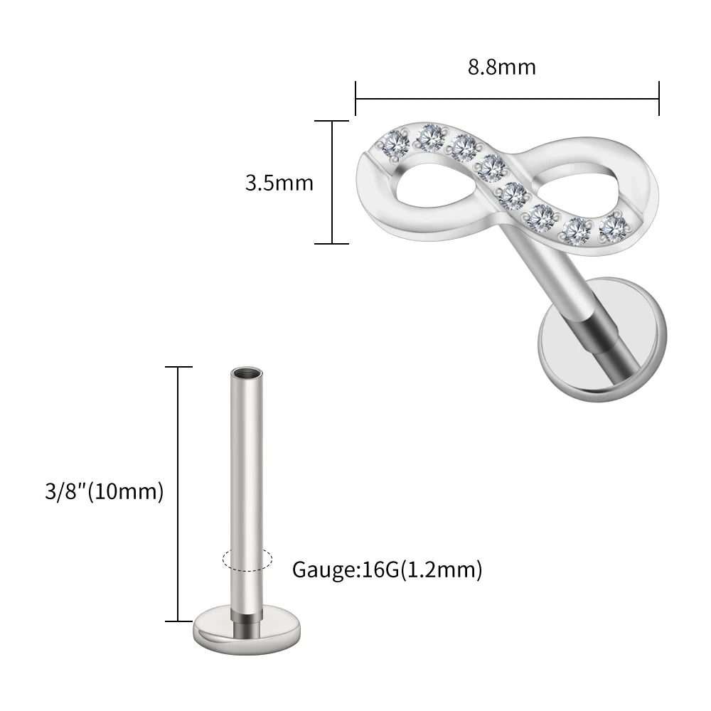 Right Grand ASTM F136 Titanium CZ Infinity Symbol Stud Earring 16G Cartilage Helix Tragus Stud Flat Back Labret Piercing Jewelry