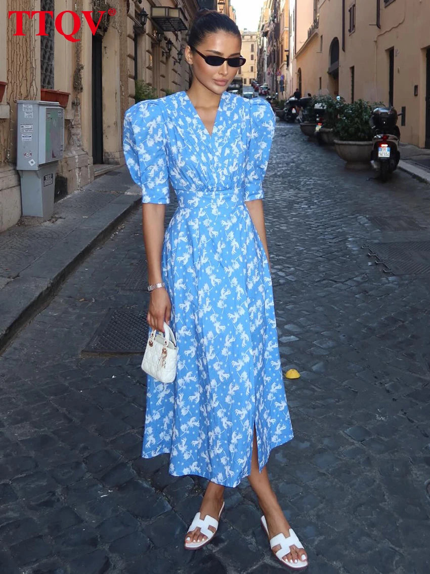 TTQV Summer Loose Print Women's Dress 2026 Fashion V-Neck Short Sleeve Ankle Length Dresses Elegant Classic High Waist Female Dr