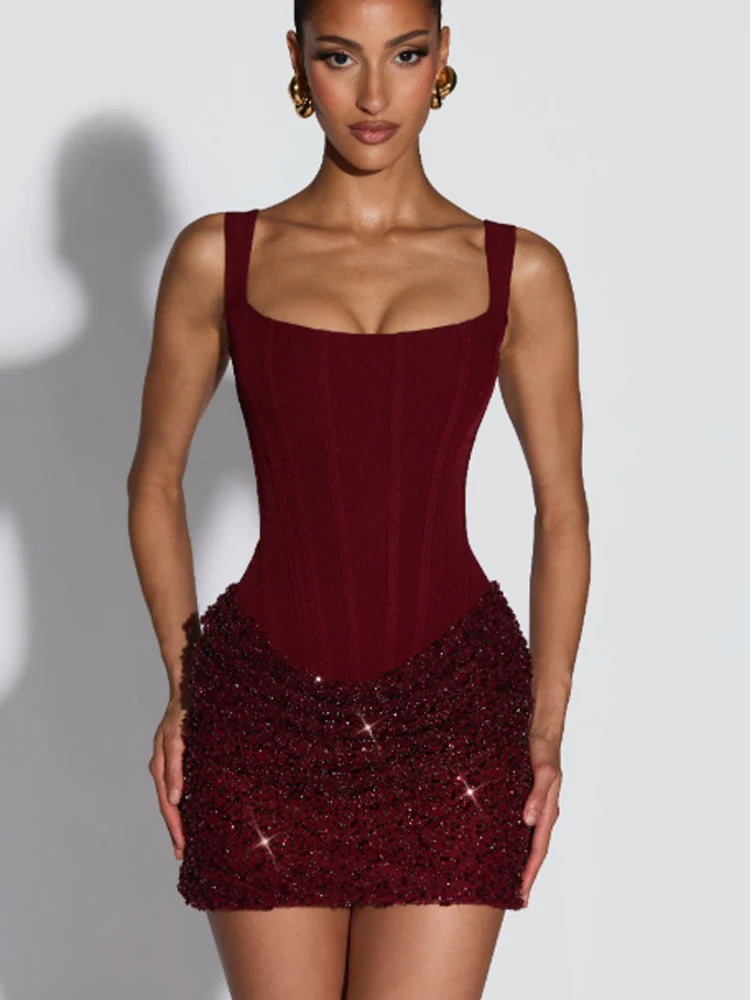 GlamourFit™ Sequin Backless Pleated Bodycon Mini Dress