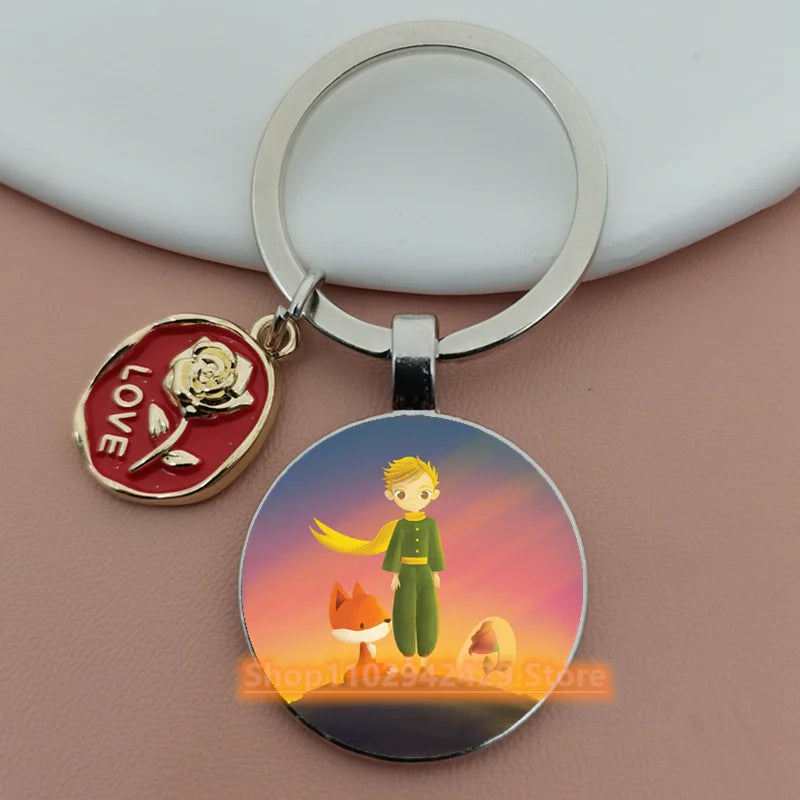 Little Prince Round Glass & Enamel Rose Keychain | DIY Handcrafted Car Keyring & Bag Charm