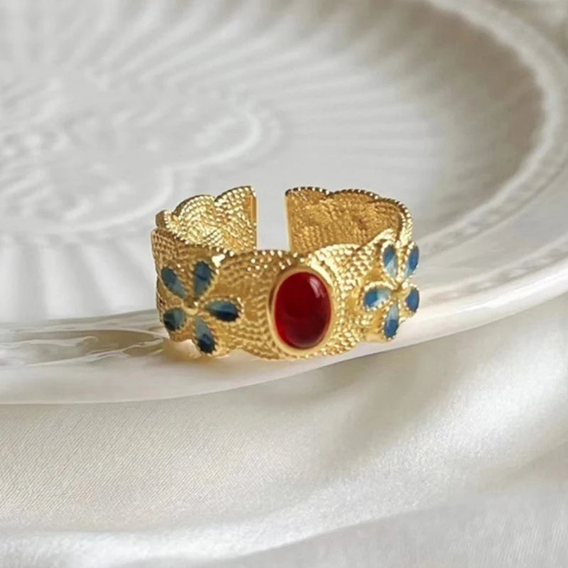 Huitan Luxury Gold Color Blue Flowers Opening Rings with Red Stone for Women Wedding Party Temperament Lady Accessories Jewelry