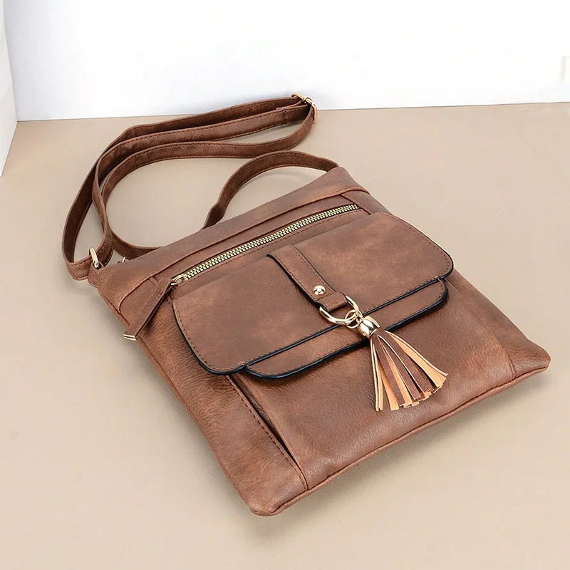 Women's Vintage Square Crossbody Bag with Tassel & Adjustable Strap