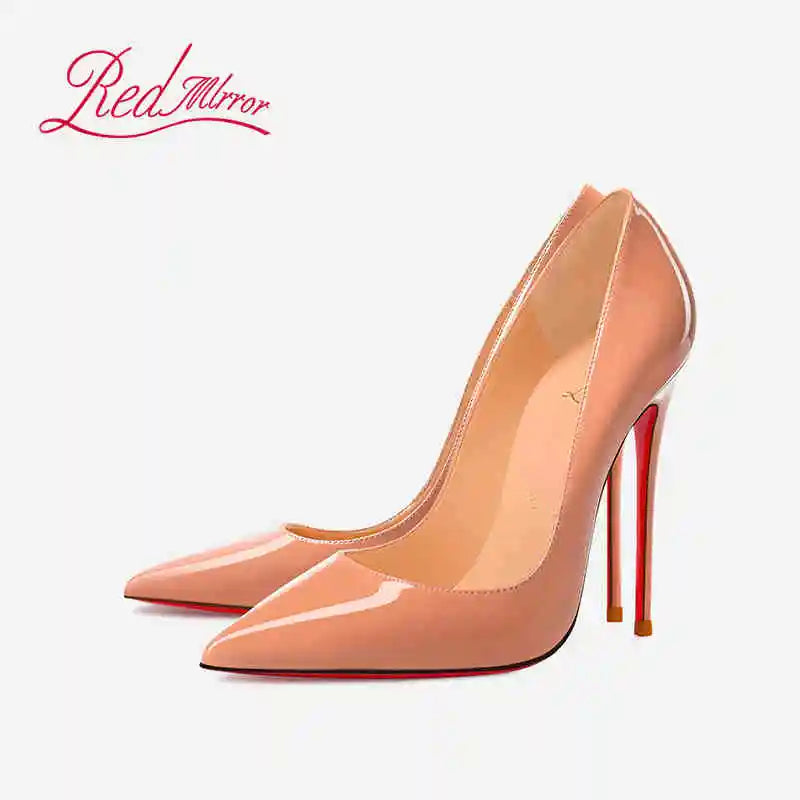 Women's Black Glossy Pointed-Toe Stiletto Pumps with Radiant Red Outsoles