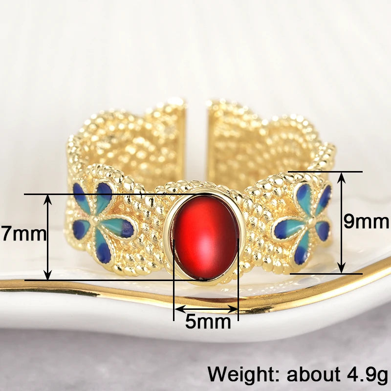 Huitan Luxury Gold Color Blue Flowers Opening Rings with Red Stone for Women Wedding Party Temperament Lady Accessories Jewelry