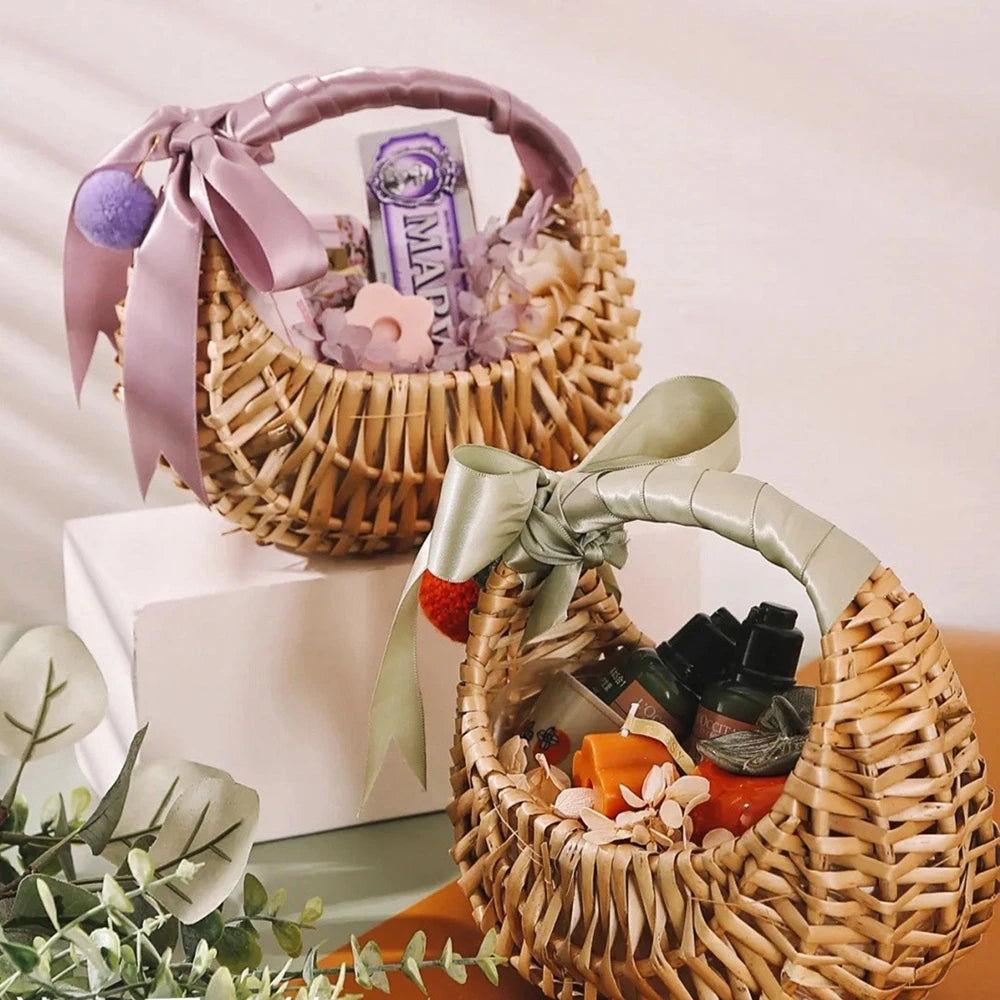 Handmade Woven Rattan Flower & Storage Basket with Ribbon Accent