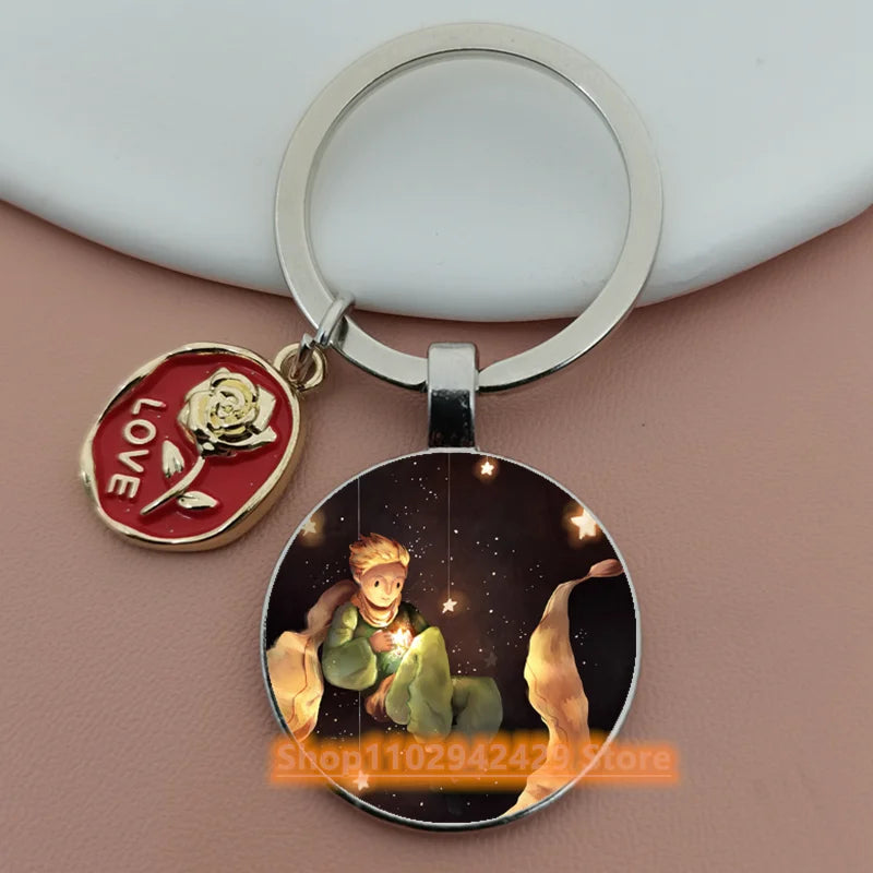 Little Prince Round Glass & Enamel Rose Keychain | DIY Handcrafted Car Keyring & Bag Charm