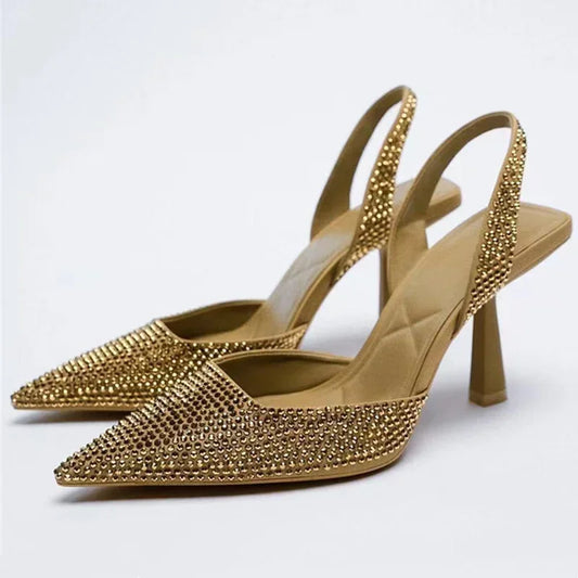 2026 Women's Gold Crystal-Buckle Slingback High Heels | Party & Banquet Pumps