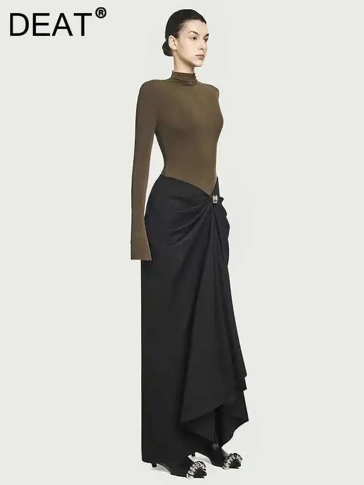Women's Stand-Collar Metal Buckle Pleated Asymmetrical Evening Maxi Dress