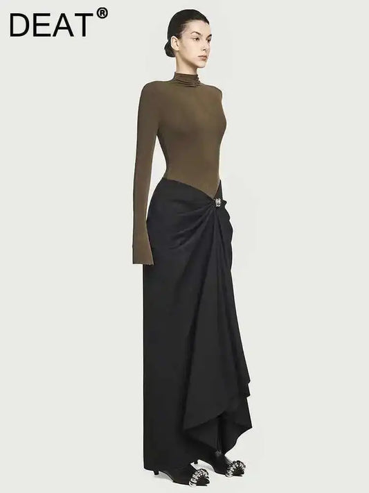 Women's Stand-Collar Metal Buckle Pleated Asymmetrical Evening Maxi Dress