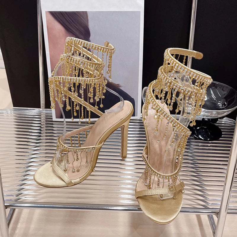 Liyke Golden Crystal Tassel Twining Stiletto Sandals | Wedding & Banquet High Heels