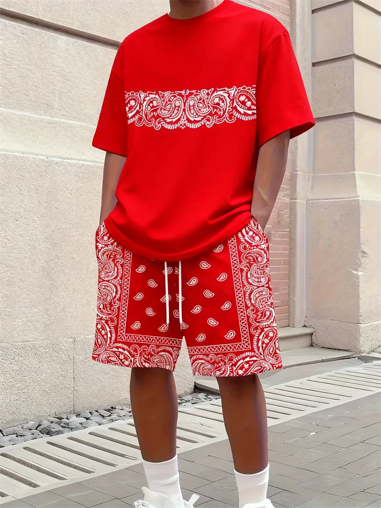 Men's Paisley 3D Print T-Shirt & Drawstring Shorts Set