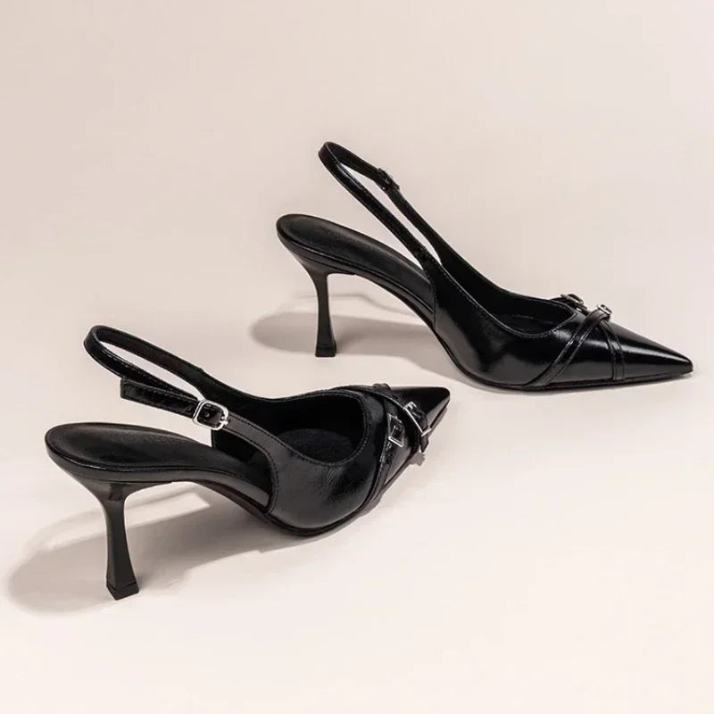 Women's Summer Pointed-Toe Black Stiletto Heels with Decorative Buckle