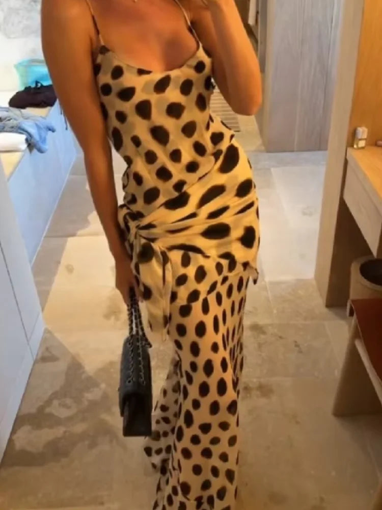 Women's Animal Print V-Neck Ruched Drawstring Slip Maxi Dress