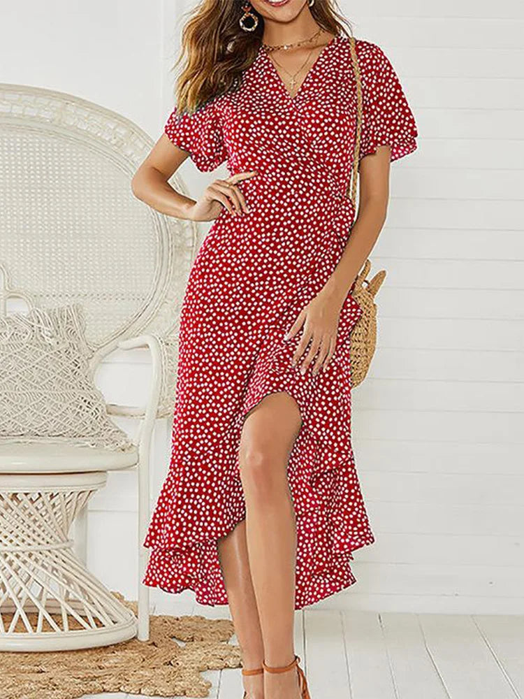 Women's Boho Floral Print Chiffon Wrap Maxi Dress with Ruffles