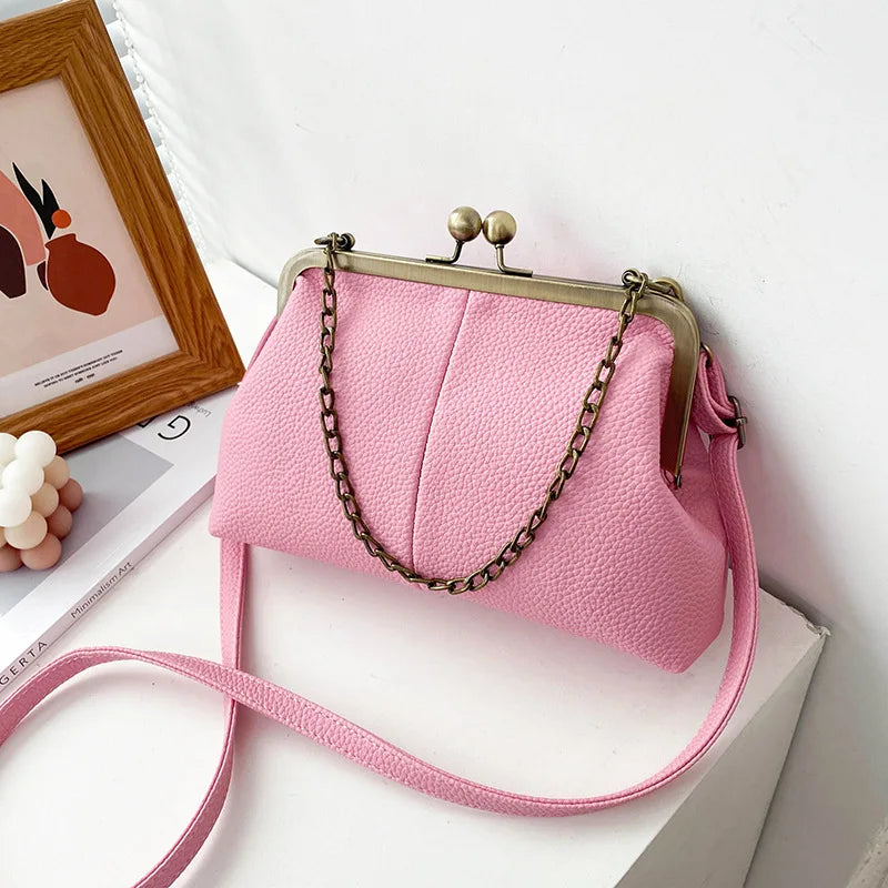 Women's Vintage Kiss-Lock PU Leather Chain Crossbody & Shoulder Bag